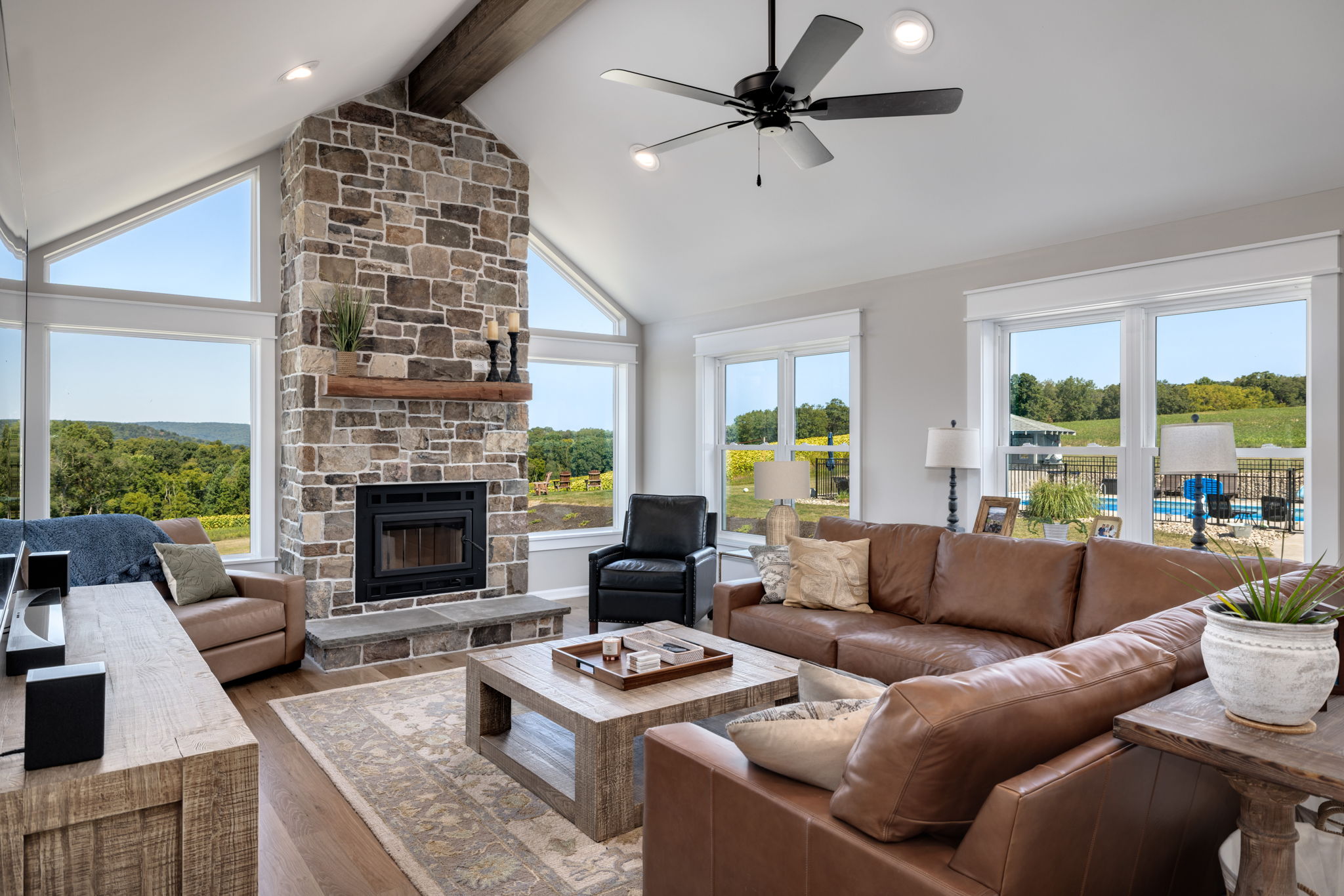 Farmhouse Great Room Addition Barnstone Fireplace